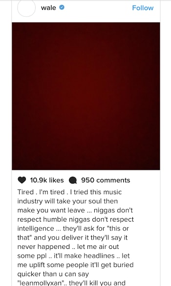Wale posts message on Instagram.