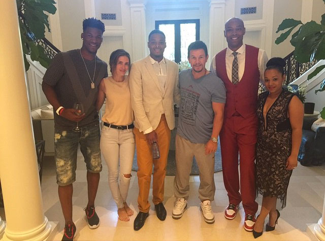 Jimmy Butler wearing the &quot;Bred&quot; Air Jordan Future Low; Mark Wahlberg wearing the &quot;Cement&quot; Air Jordan III 3