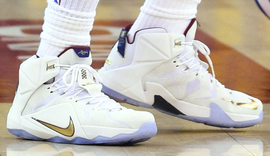 LeBron James wearing White/Gold-Wine Nike LeBron XII 12 PE in Game 1 of the NBA Finals (10)