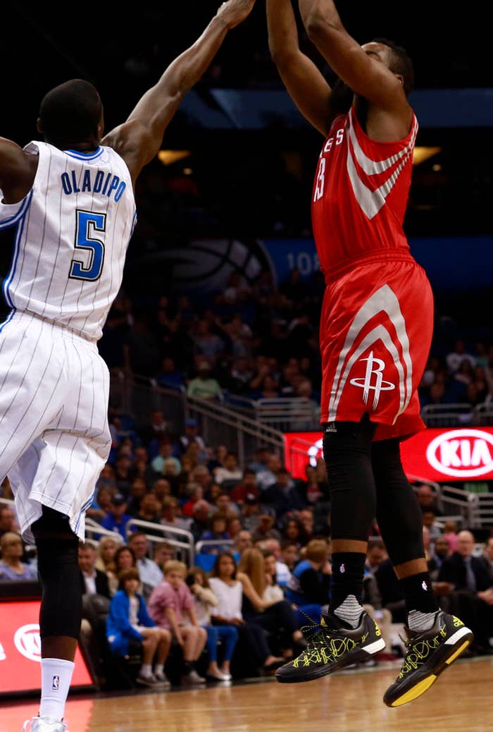 James Harden wearing a Black/Yellow adidas Crazylight Boost 2015 Signature PE (2)