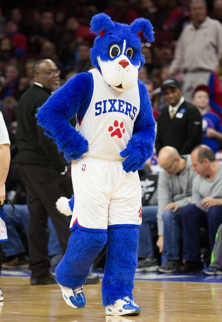 Philadelphia 76ers Mascot Franklin wearing the Reebok Question