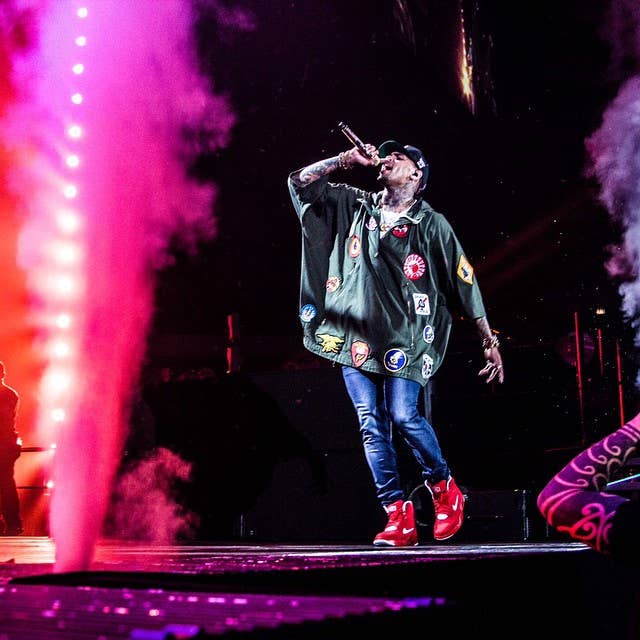 Chris Brown wearing Nike Air Command Force University Red