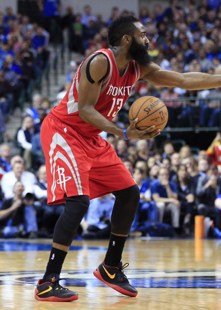 James Harden wearing the Nike HyperChase in Black/Red-Yellow