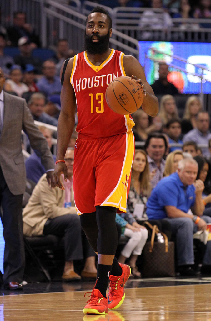 James Harden wearing the Nike Zoom Run the One in Red/Volt
