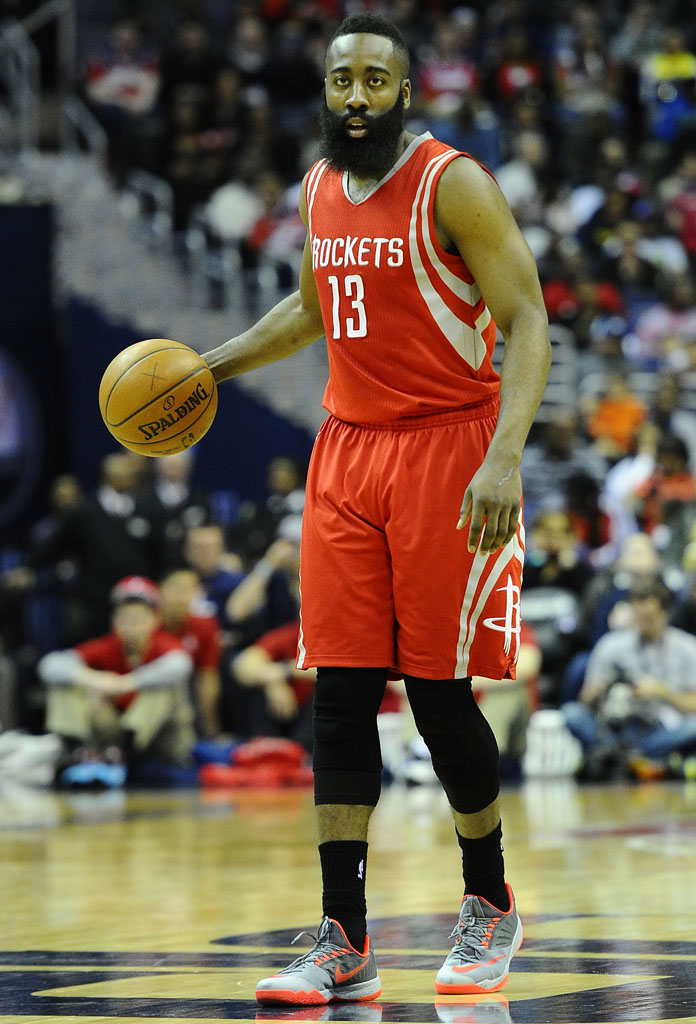 James Harden wearing the Nike Zoom Run the One in Grey/Red