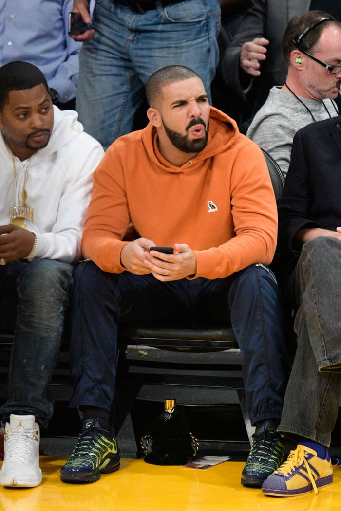 Drake Wearing the Navy/Volt Nike Air Max Plus Jacquard