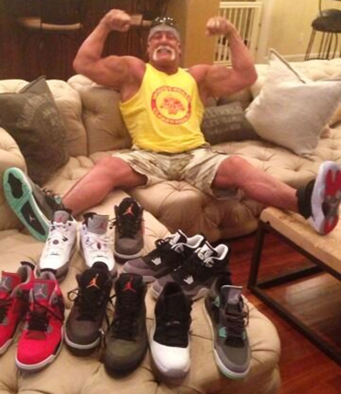 Hulk Hogan wearing Air Jordan IV 4 Green Glow &amp; Air Jordan XI 11 Low Black/White