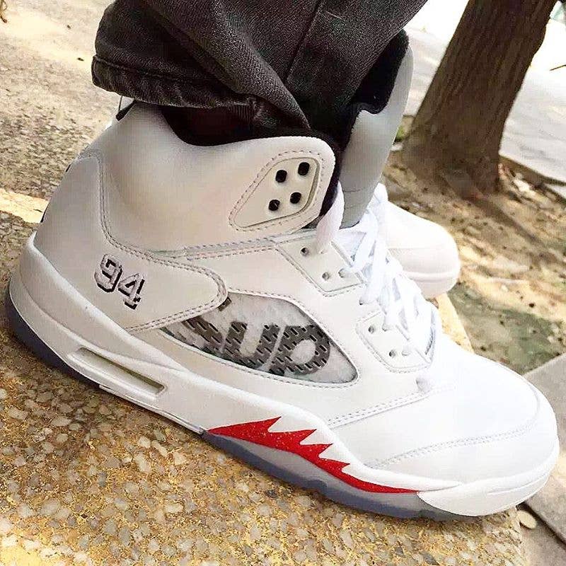 Supreme x Air Jordan 5 'White' On-Foot (1)