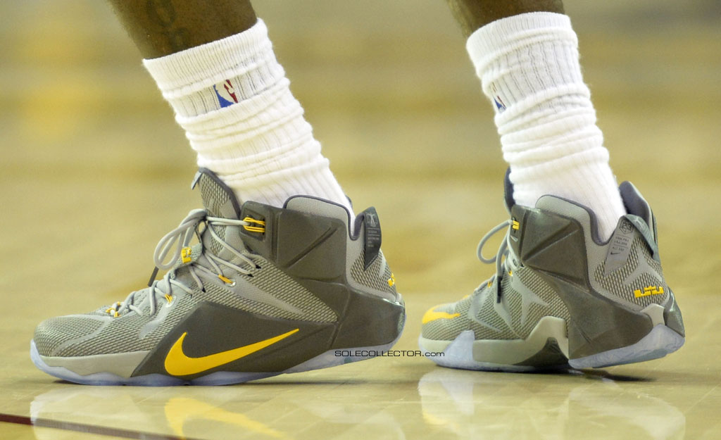 LeBron James wearing Nike LeBron XII 12 Grey/Yellow PE on December 2, 2014