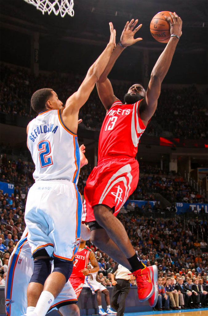 James Harden wearing the Nike Lunar Hypergamer in Red/Yellow-Silver