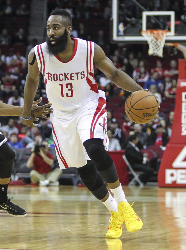 James Harden wearing the Nike HyperRev 2015 in Yellow/Red