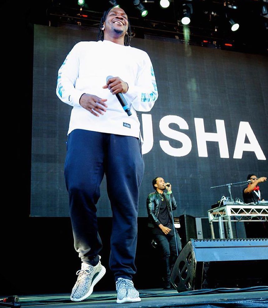 Pusha T wearing the &#x27;Turtle Dove&#x27; adidas Yeezy 350 Boost