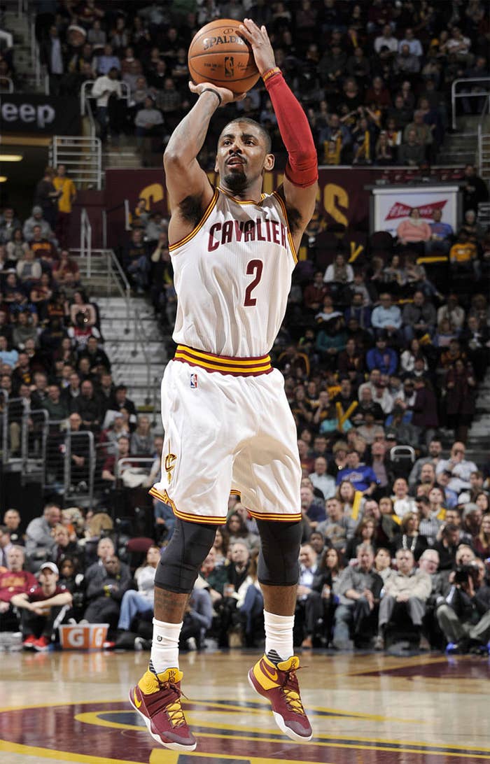 Kyrie Irving Wearing a Wine/Yellow-Navy Nike Kyrie 2 PE (2)