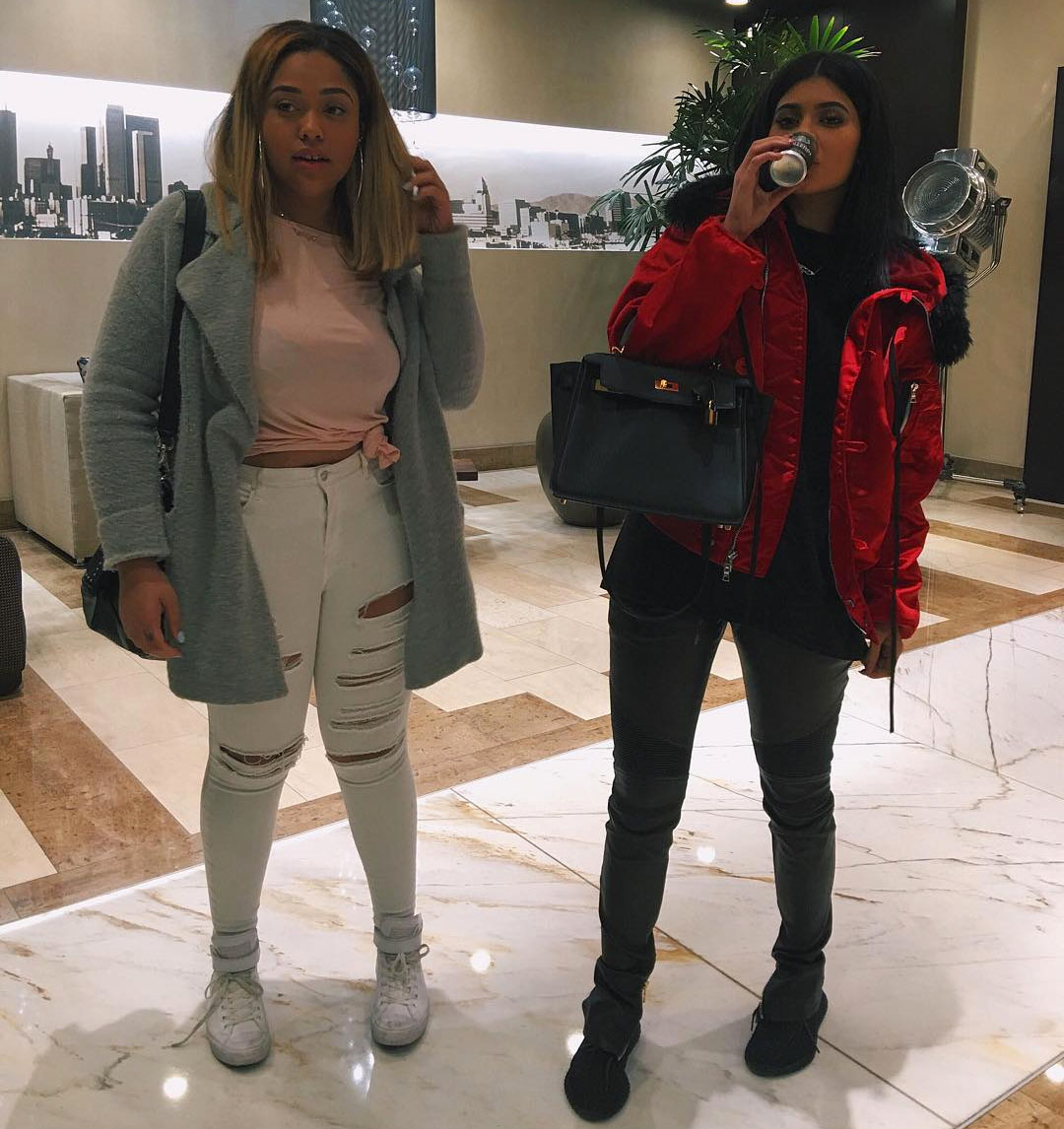 Kylie Jenner wearing the &#x27;Pirate Black&#x27; adidas Yeezy 350 Boost