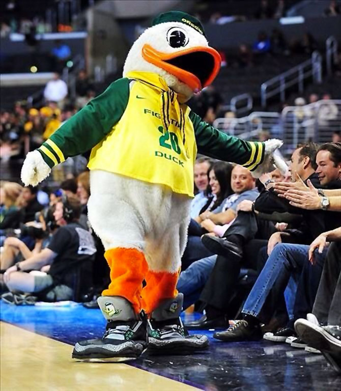 Oregon Ducks Mascot Puddles wearing the &#x27;Pit Crew&#x27; Air Jordan III 3