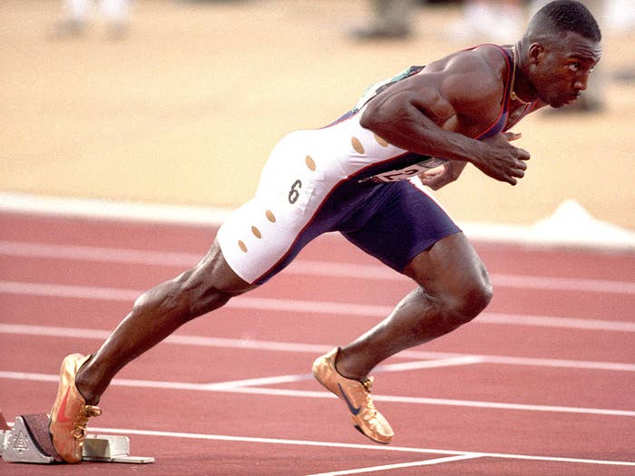 Michael Johnson wears Gold Nike Spikes in the 1996 Olympics