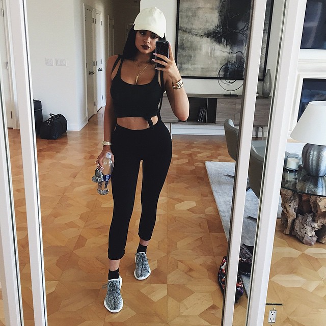 Kylie Jenner wearing the adidas Yeezy 350 Boost Grey