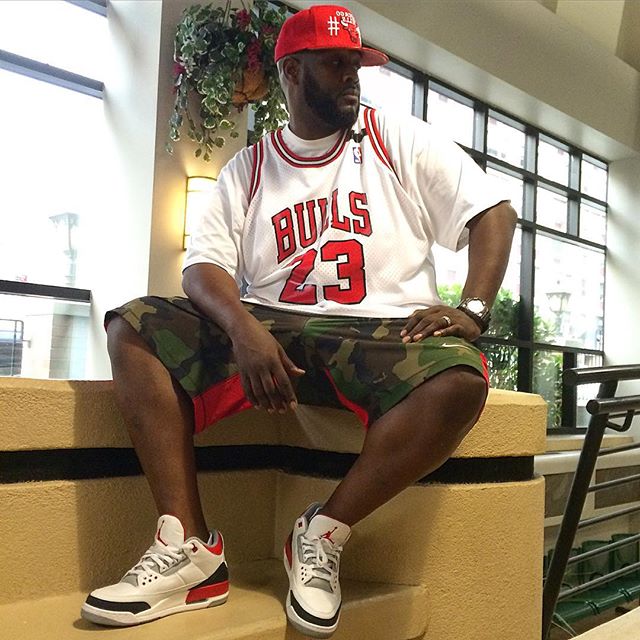 DJ Clark Kent wearing the &#x27;Fire Red&#x27; Air Jordan III 3