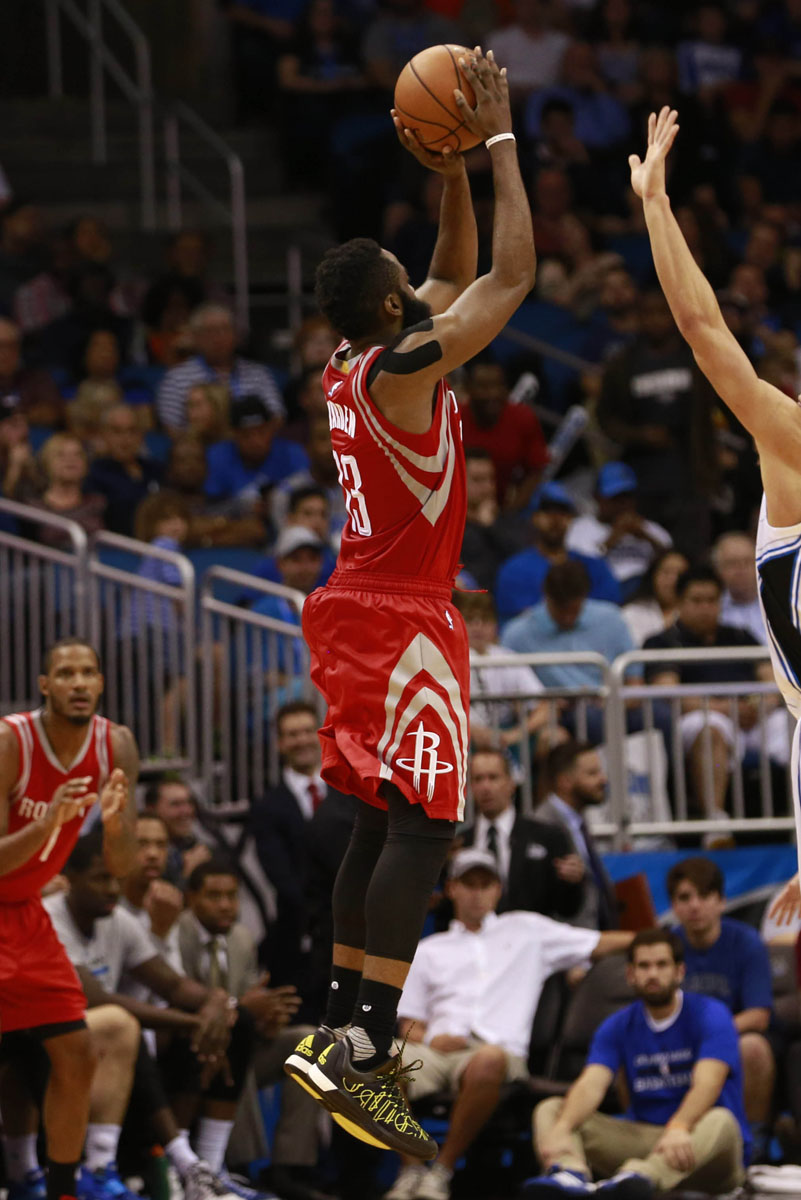 James Harden wearing a Black/Yellow adidas Crazylight Boost 2015 Signature PE (4)