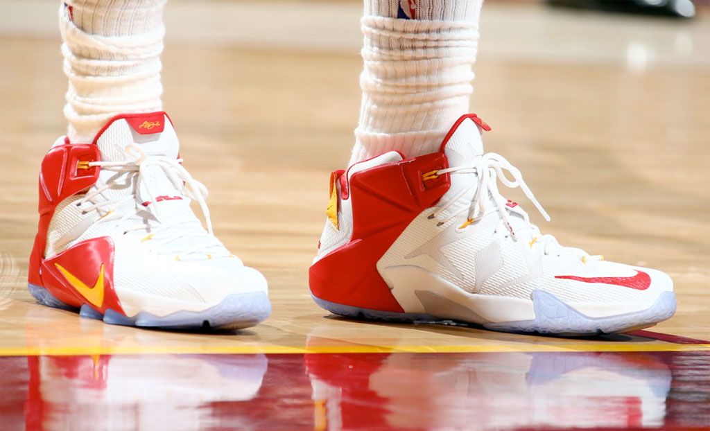 LeBron James wearing a White/Red-Yellow Nike LeBron 12 PE (2)