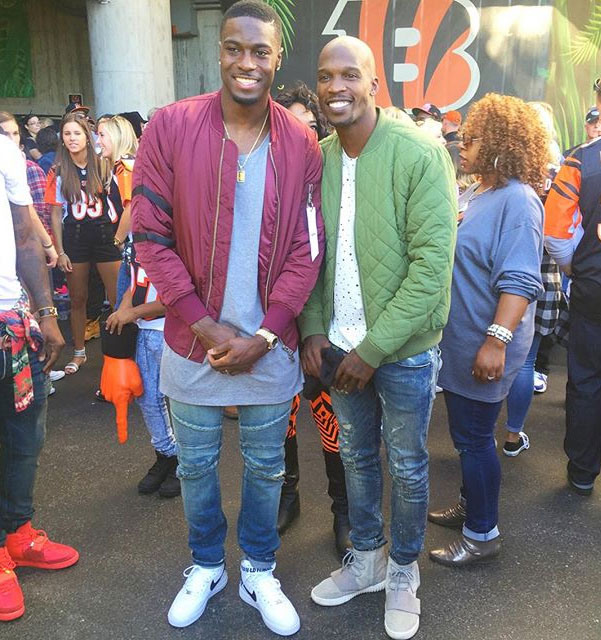 A.J. Green wearing the &#x27;White&#x27; Supreme x Nike Air Force 1 High; Chad Johnson wearing the adidas Yeezy 750 Boost