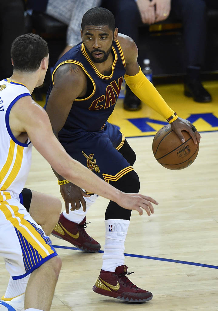 Kyrie Irving wearing a Wine/Gold Nike Kyrie 1 PE for Game 1 of the NBA Finals (3)