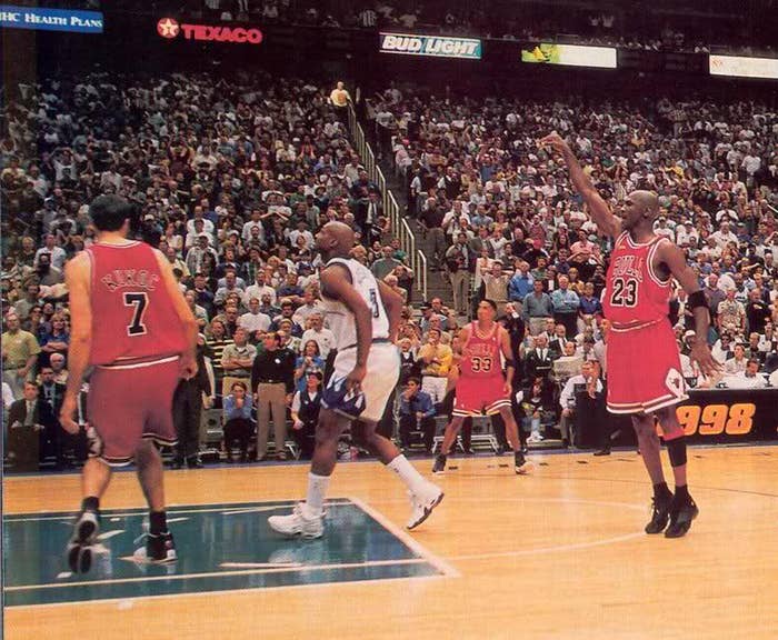 Michael Jordan wearing the Air Jordan 14 in Game 6 of the 1998 NBA Finals