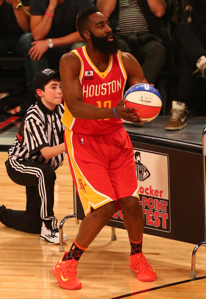 James Harden wearing the Nike HyperRev 2015 in Red/Yellow