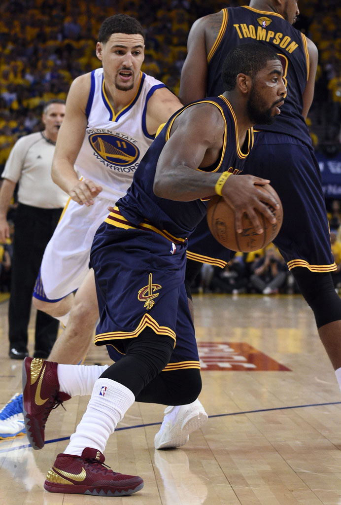 Kyrie Irving wearing a Wine/Gold Nike Kyrie 1 PE for Game 1 of the NBA Finals (4)