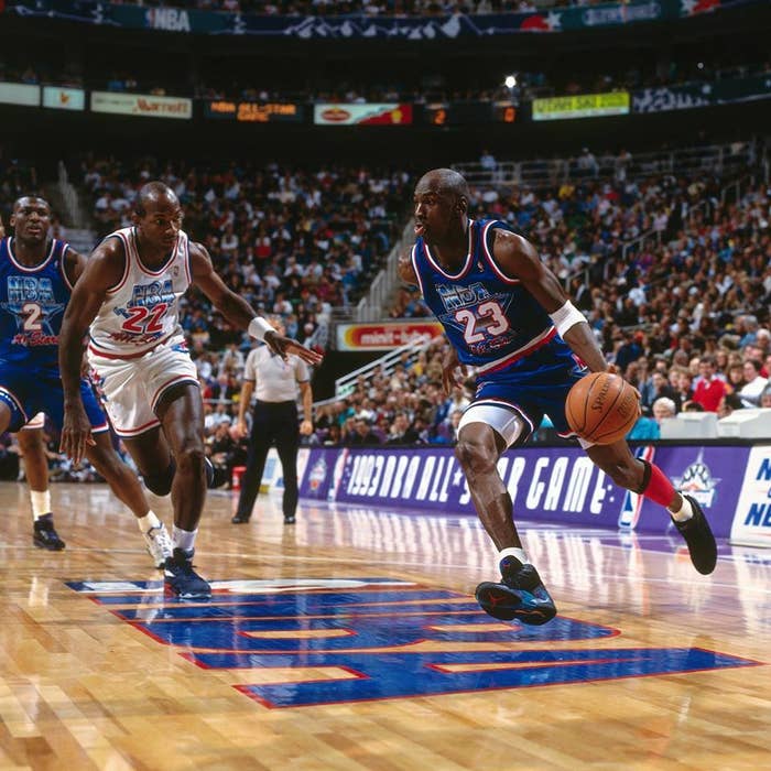 Michael Jordan wearing the &#x27;Aqua&#x27; Air Jordan 8 in the 1993 NBA All Star Game