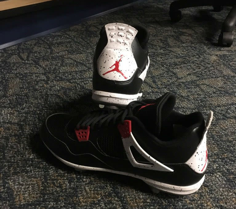 David Price Wearing Black/White-Red Air Jordan 4 Cleats (2)