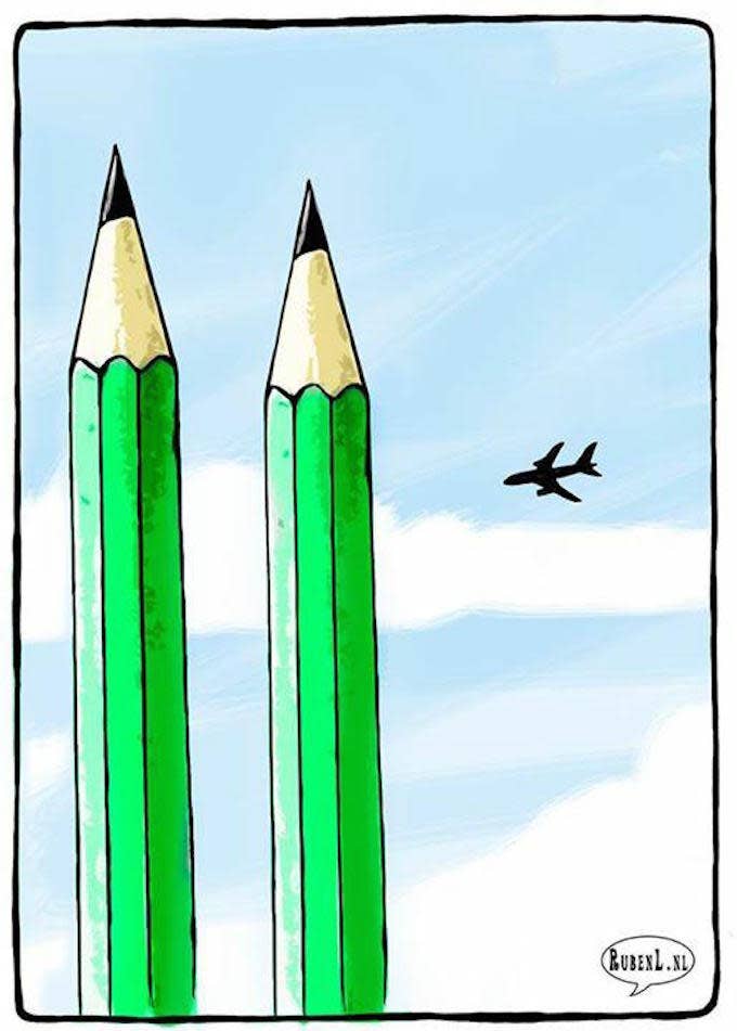 Two Pencil Tower illustration with Airplane Approaching