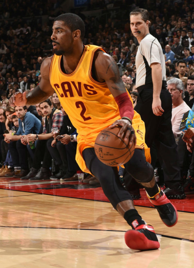 Kyrie Irving Wearing a Black/Red-Yellow Nike Kyrie 2 PE (2)