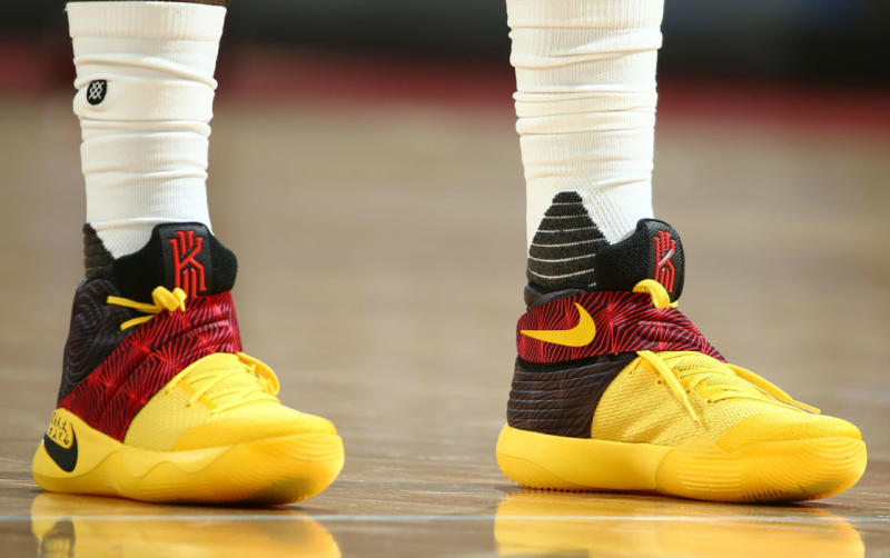 Kyrie Irving Wearing a Nike Kyrie 2 Black/Yellow-Red PE (2)