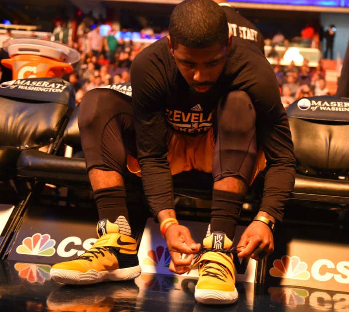 Kyrie Irving Wearing a Navy/Yellow Dye Graphic Nike Kyrie 2 PE (2)