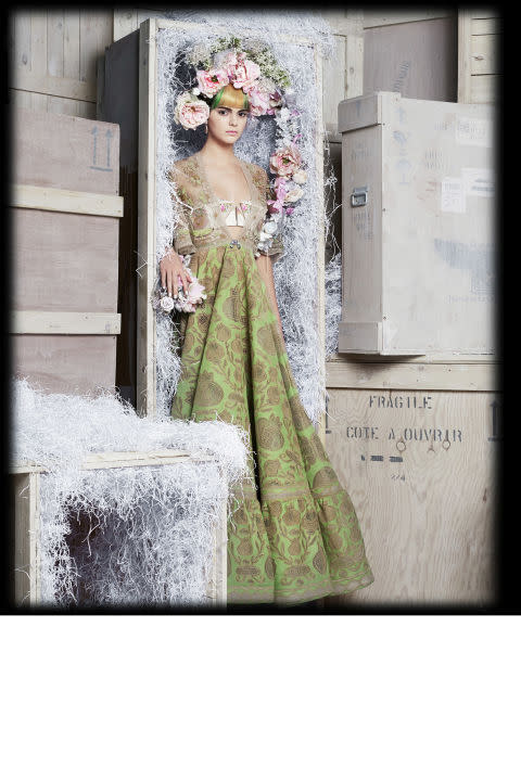Green Dress with Flower Crown Harper&#x27;s Bazaar Feature