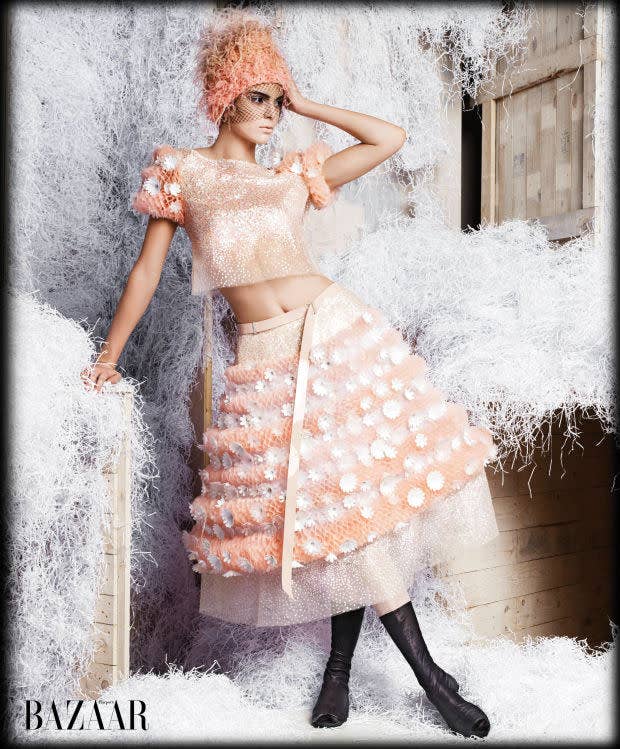 Peach Dress and Hat Harper&#x27;s Bazaar Feature