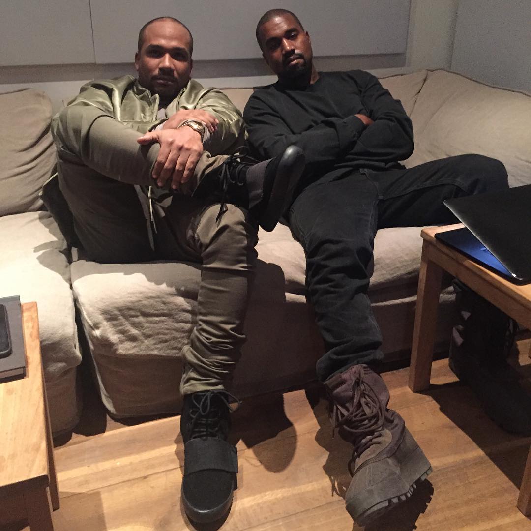 Kanye West wearing the &#x27;Chocolate&#x27; adidas Yeezy 950; Cyhi the Prynce wearing the &#x27;Blackout&#x27; adidas Yeezy 750 Boost