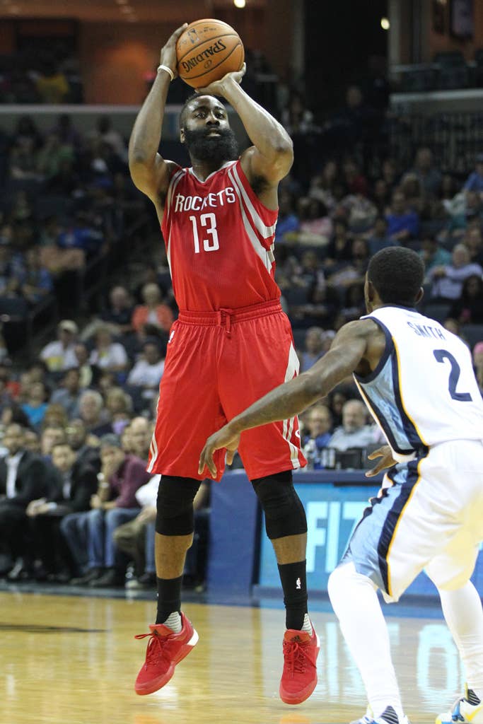 James Harden wearing the adidas Crazylight Boost 2015 In Red (1)
