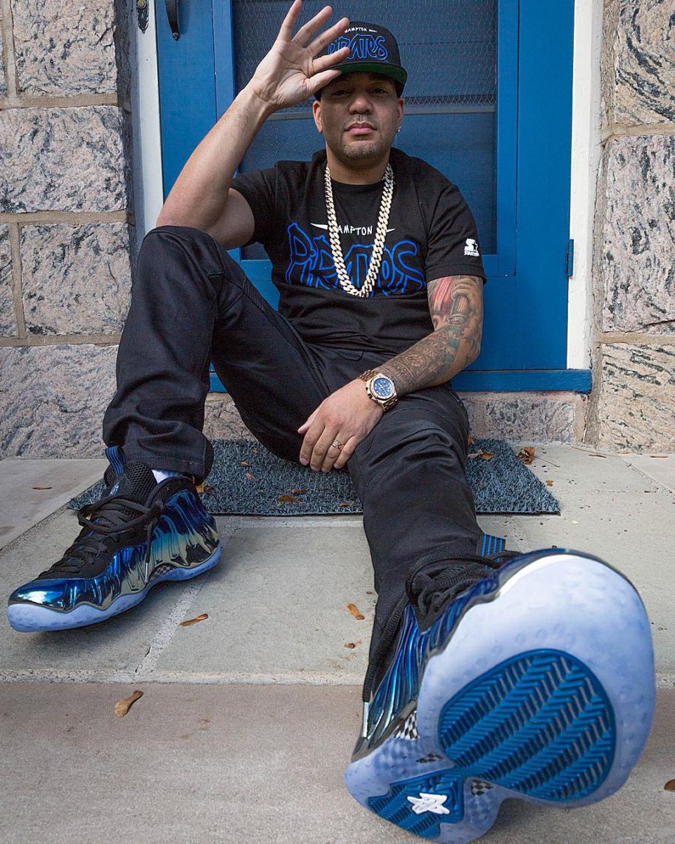 DJ Envy wearing the &#x27;Blue Mirror&#x27; Nike Air Foamposite One
