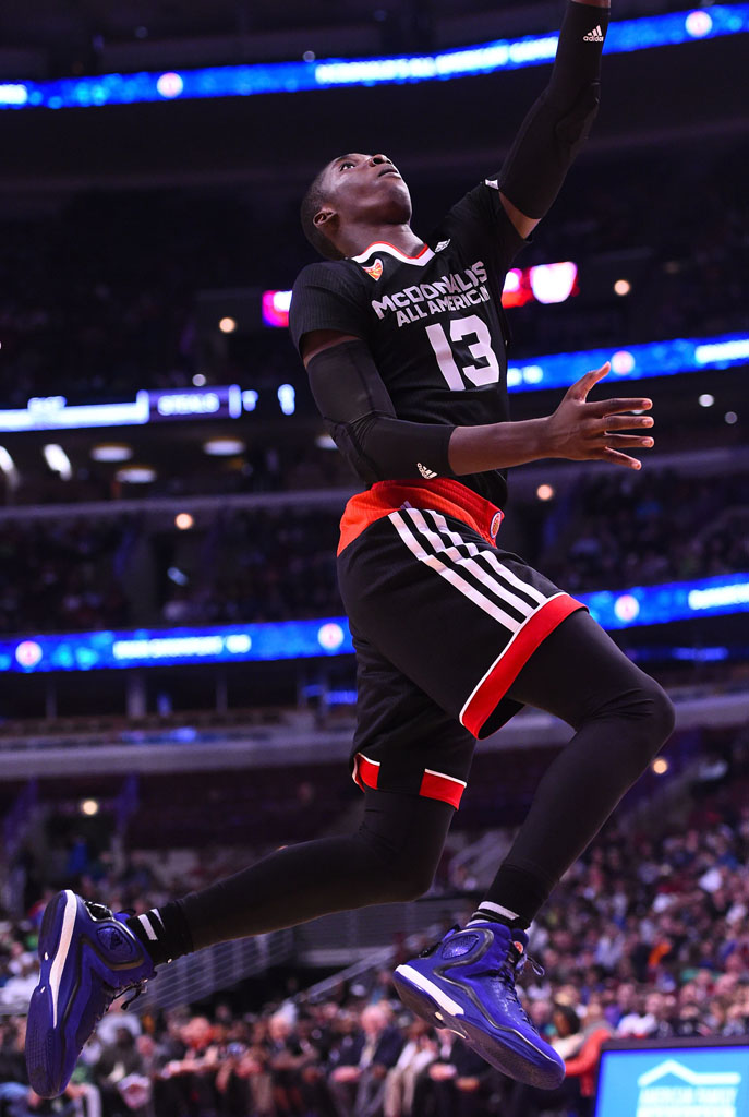 Cheick Diallo wearing the adidas D Rose 5 Boost McDonald&#x27;s Purple