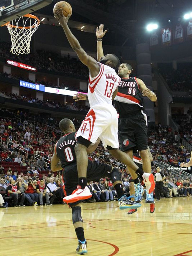 James Harden wearing the Nike Hyperfuse 2012 Low in White/Red