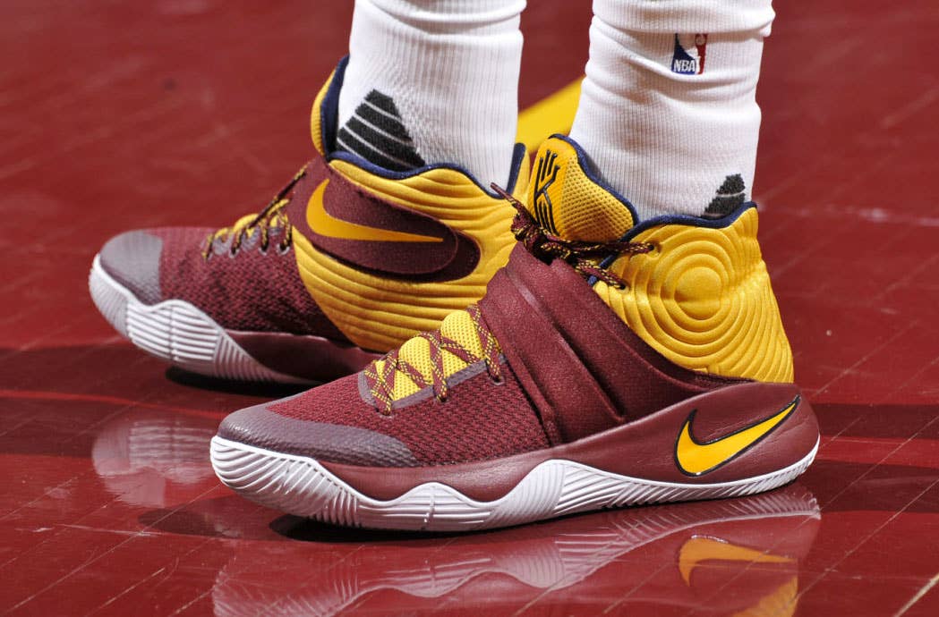 Kyrie Irving Wearing a Wine/Yellow-Navy Nike Kyrie 2 PE (1)