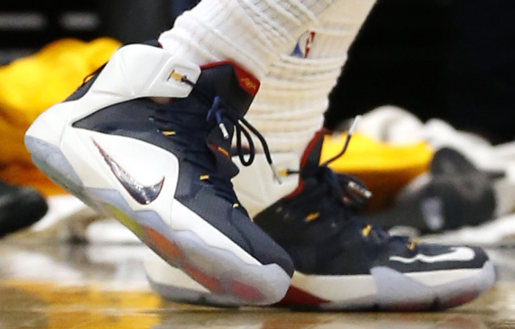 LeBron James wearing Nike LeBron 12 Navy/White-Red-Yellow PE (2)