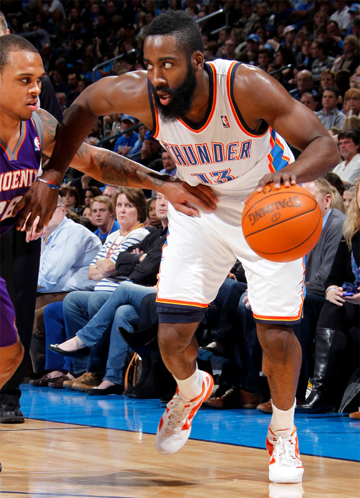 James Harden wearing the Nike Hyperfuse 2011 Low in White/Orange