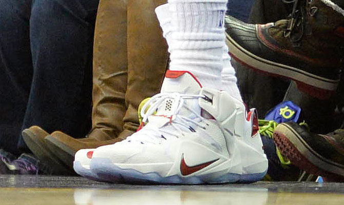 LeBron James wearing Nike LeBron XII 12 White/Red PE on December 21, 2014