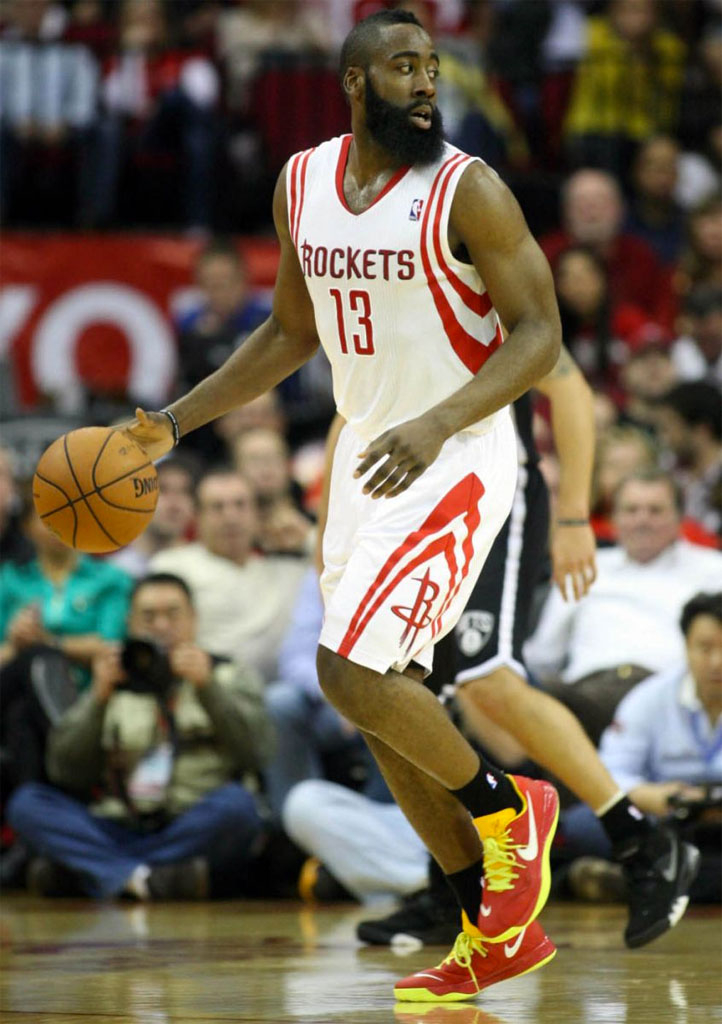 James Harden wearing the Nike Hyperfuse 2012 Low in Red/Yellow
