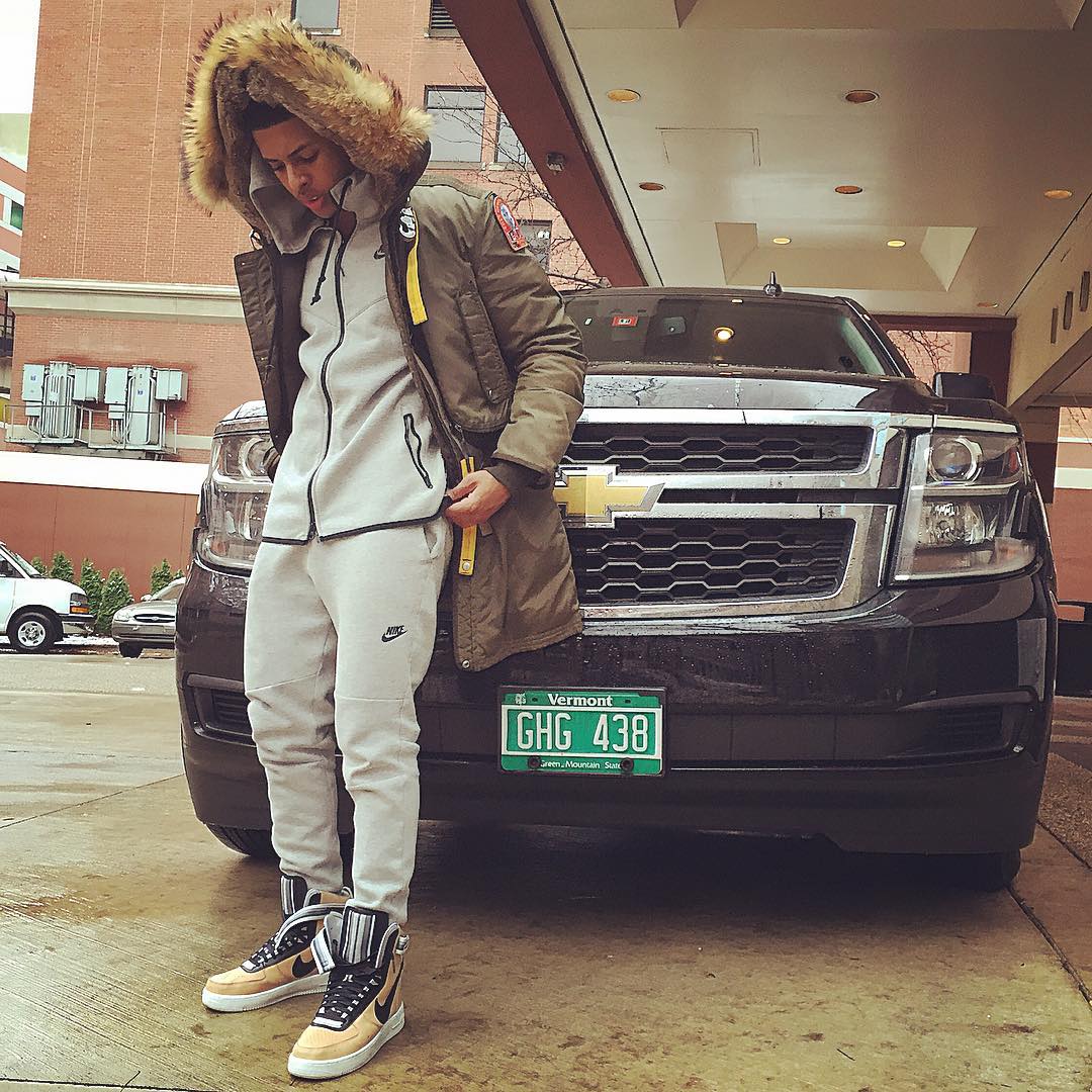 Diggy Simmons wearing the &#x27;Beige&#x27; Nike Air Force 1 High RT