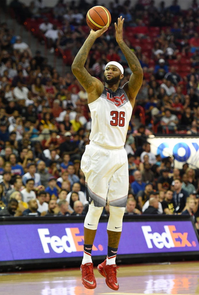 DeMarcus Cousins wearing the &#x27;Red&#x27; Nike LeBron 12 Low