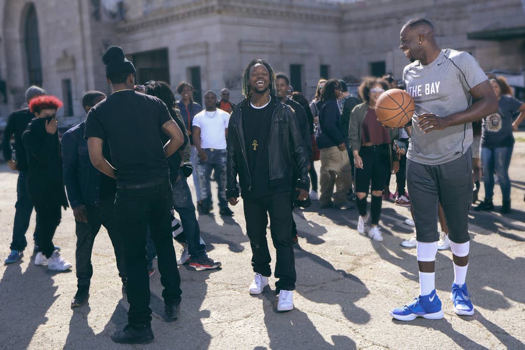 Draymond Green and Turf Feinz dancers on the set of Beats By Dre&#x27;s B [READY] f. “Tell Me When To Go” commercial shoot.